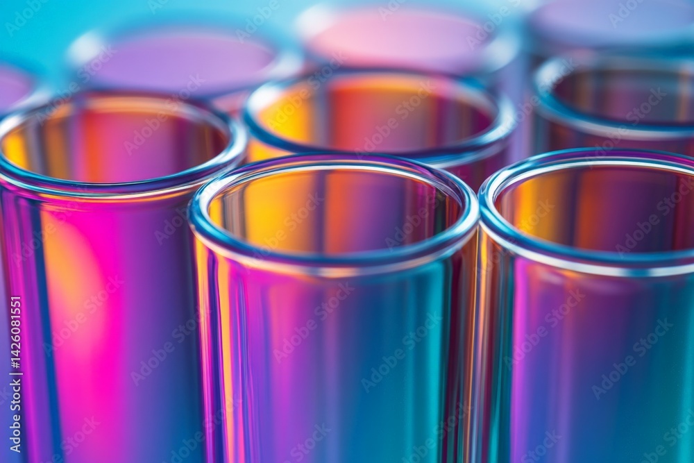 Poster Colorful test tubes create a vibrant display of reflections and hues in a laboratory setting during daylight