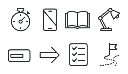 Minimalistic line icons: time, smartphone, reading, work, goals, navigation, checklist