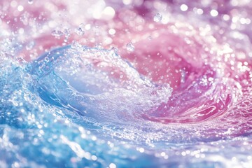 Colorful water splash creates shimmering waves with pink and blue tones during daytime