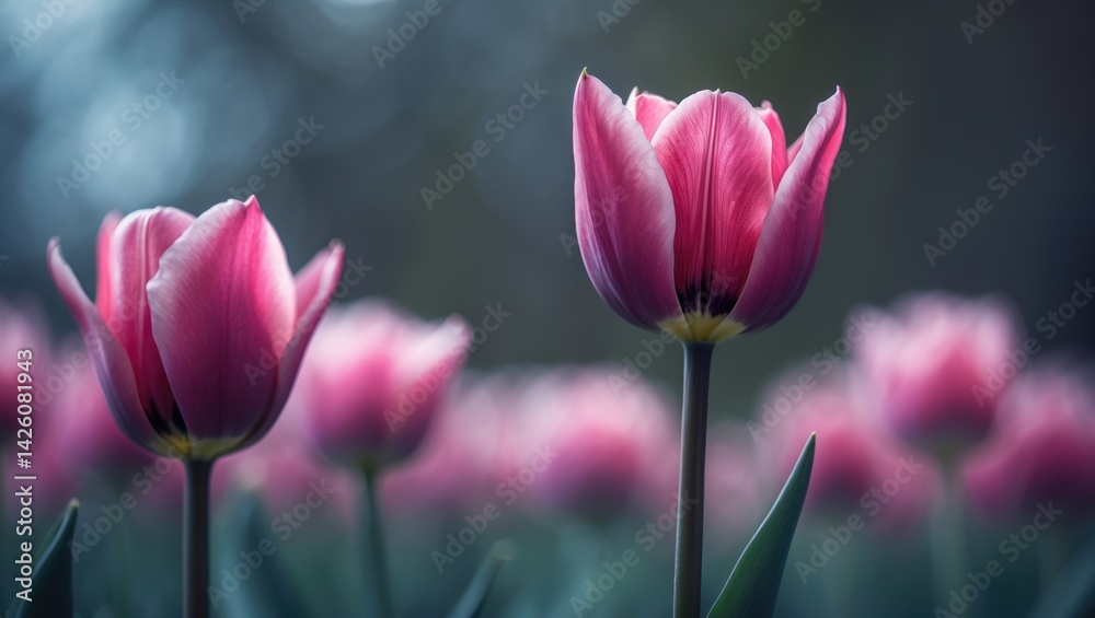 Poster close-up of a tulip featuring vibrant, deep rose petals at the center gradually fading to a softer p