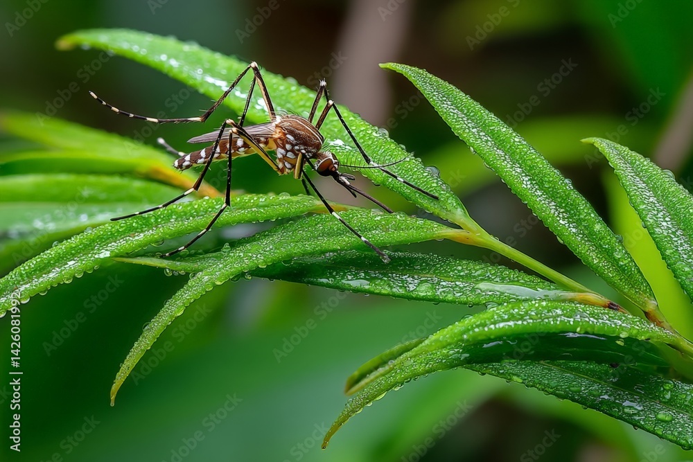 Poster close-up of a mosquito resting on green leaves covered in droplets after a refreshing rain