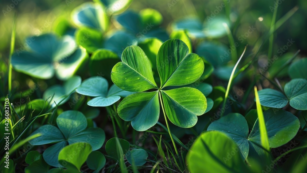 Poster close-up of a trifoliate clover leaf against a natural clearing background