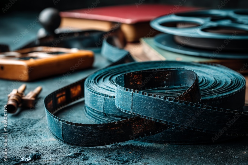 Poster vintage film reels and tools arranged on a textured surface in a creative workspace setting during t