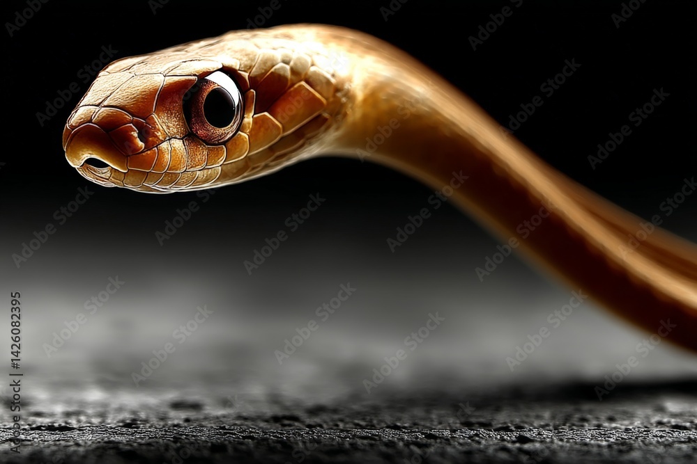 Poster unique close-up of a golden snake showcasing its detailed scales and striking features in a dark env