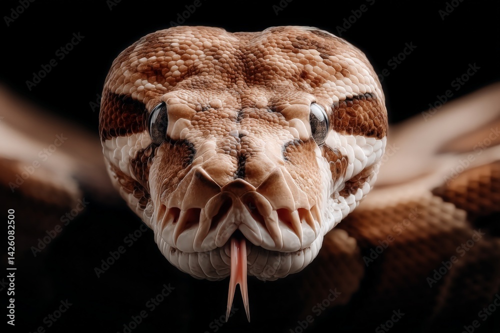 Poster Close-up view of a textured snake showcasing its distinctive patterns and features in a dark environment