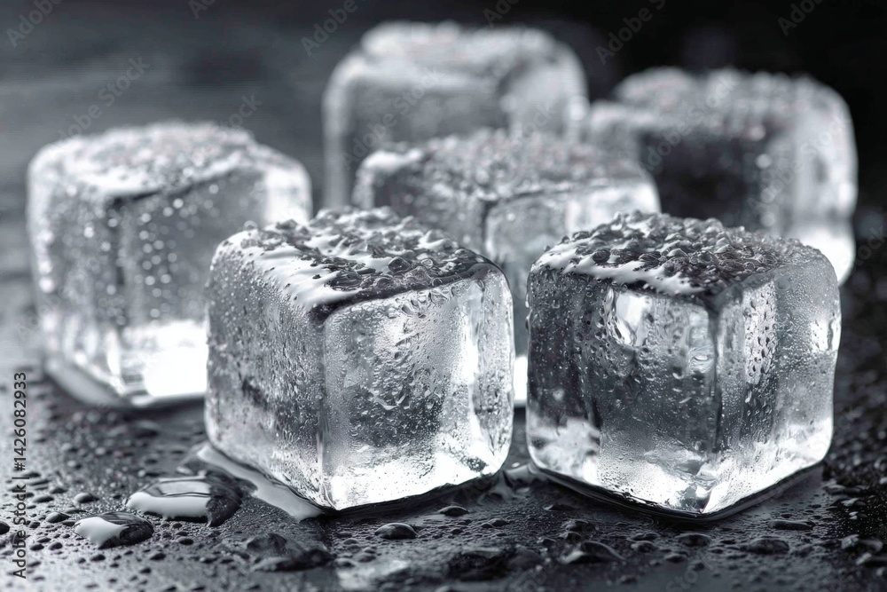 Aufkleber ice cubes with condensation resting on a wet surface in a cool, dimly lit environment