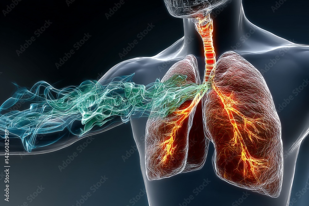 Poster digital illustration of human lungs demonstrating airflow and respiratory function with vibrant colo