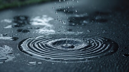 Raindrops and bubbles on a wet pavement puddle