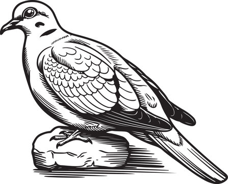 Side view line art of a mourning dove with intricate feather details perched on a stone in black and white minimalist style creating a calm aesthetic