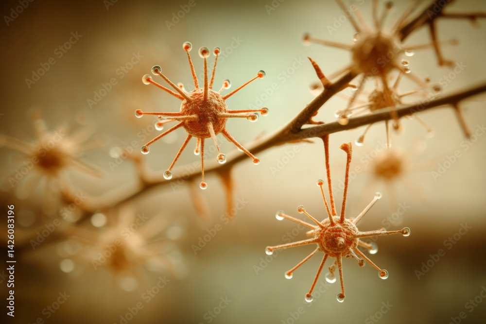 Poster unique close-up of interesting plant spores with tiny droplets under soft natural light in a serene 