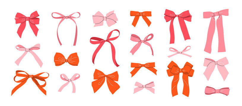 Set of hand drawn simple bows, bow knots, bow ties, ribbons, and hair bows. Isolated elements on white background. Bundle of red and pink bows in flat style for celebration designs. Vector clipart.