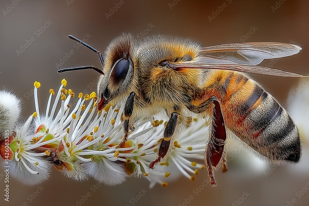 Aufkleber honeybee collecting nectar from a flowering plant during spring in a natural setting