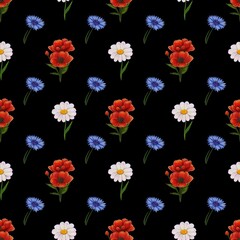 A seamless pattern featuring vibrant red flowers, white daisies, and blue cornflowers on a black background. The floral arrangement creates a lively and colorful design suitable for textiles.