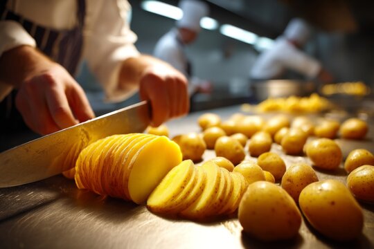 Skilled chef slices fresh potatoes in a bustling professional kitchen during dinner preparation