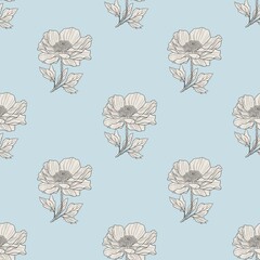 A seamless pattern featuring delicate line-drawn flowers with leaves on a light blue background. The floral design is elegant and suitable for various applications such as textiles or wallpapers.