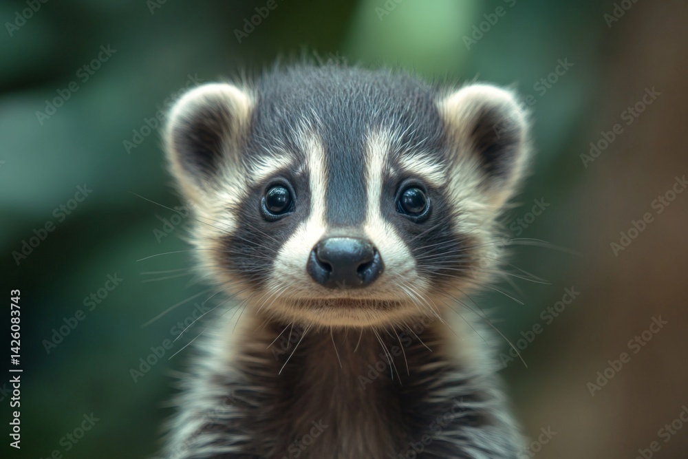 Aufkleber curious young raccoon with striking features gazes at the camera in a lush environment during daylig