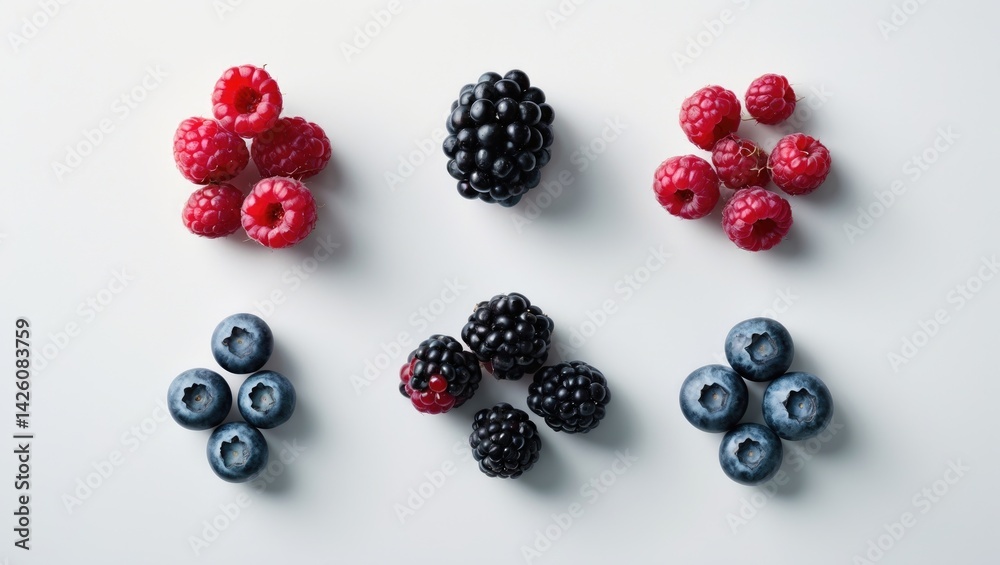 Poster three varieties of berries in various positions on a white background