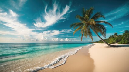 Obraz premium Tropical beach featuring a palm tree
