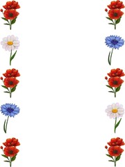A decorative border featuring red poppies, white daisies, and blue cornflowers arranged vertically on a white background.