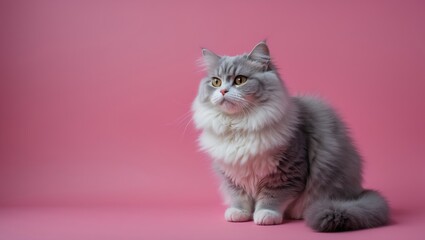 Obraz premium Cute feline face close-up with fluffy gray and white fur against pink backdrop
