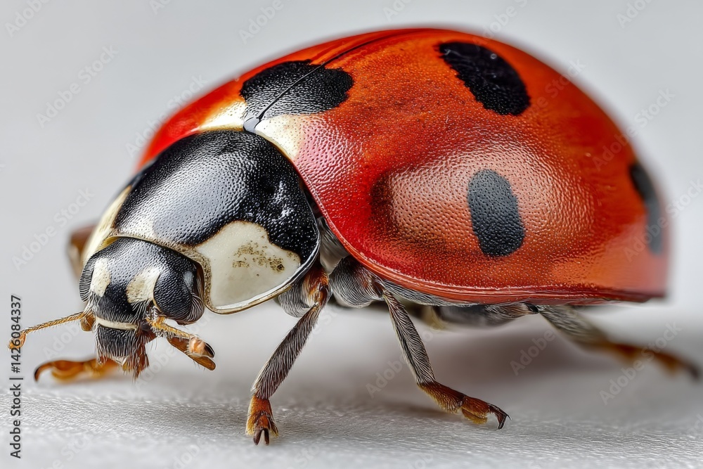 Poster Close-up of a ladybug resting on a soft surface, showcasing vivid colors and intricate details under natural light