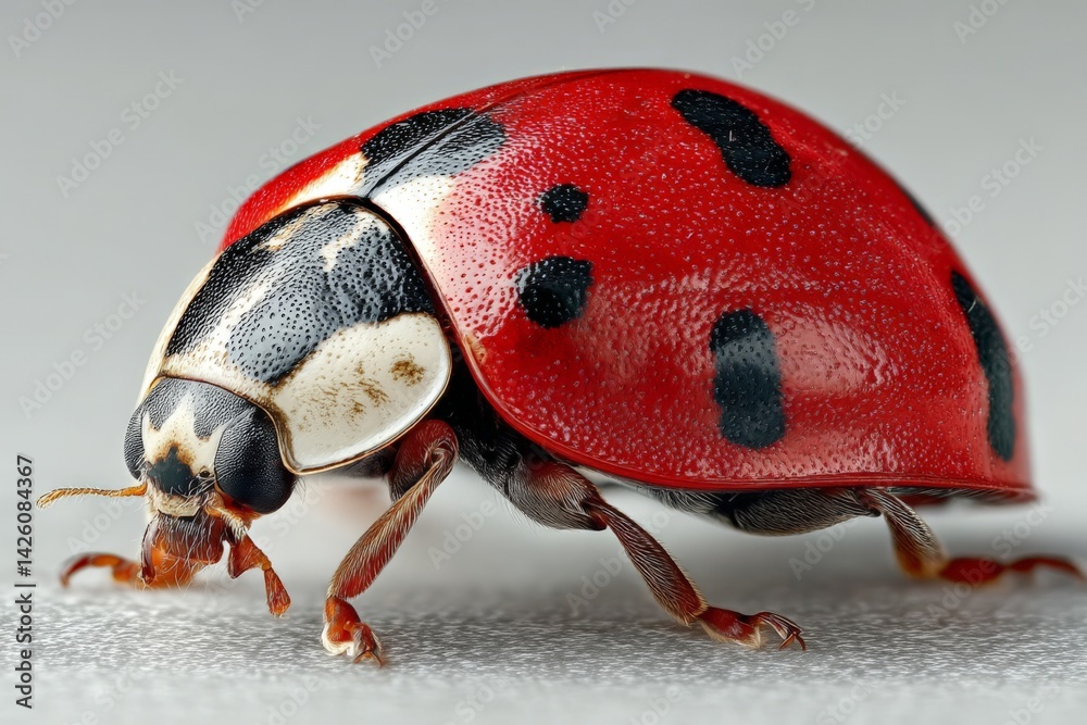 Poster close-up view of a vibrant ladybug crawling on a surface during daylight