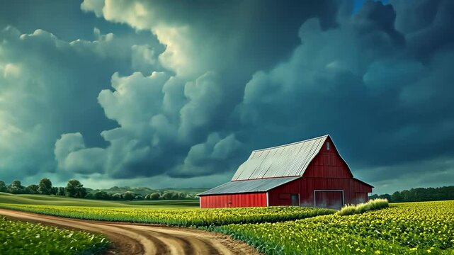 A peaceful farm scene with a red barn and a windmill under clouds.