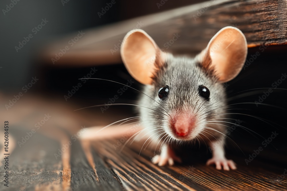 Aufkleber Small gray mouse exploring wooden surface in indoor environment during daylight hours
