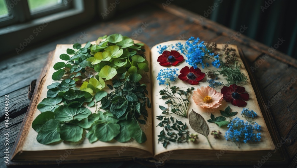 Poster notebook decorated with vibrant pressed flowers and leaves featuring nature-inspired textures