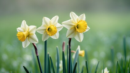 Three daffodils in a meadow set against a light green background, perfect for spring design patterns. Elegant artistic depiction.