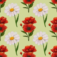 A seamless pattern featuring vibrant red poppies and white daisies on a light green background. The flowers are illustrated with detailed petals and leaves, creating a cheerful and fresh aesthetic.