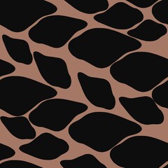 A seamless abstract pattern featuring irregular black shapes on a brown background, resembling organic forms or stones. Suitable for textiles or wallpapers.