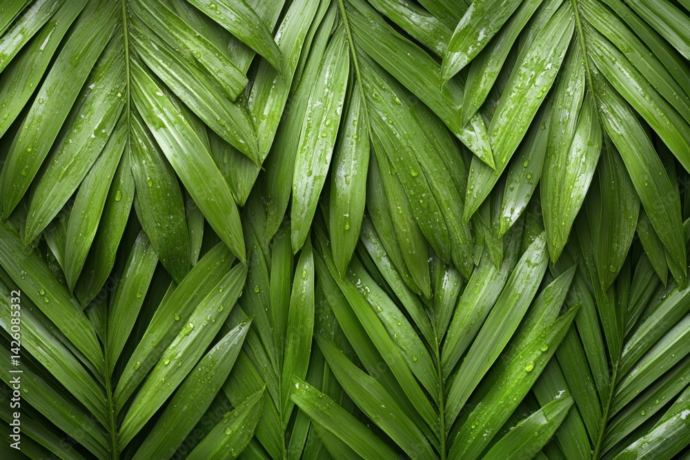 Poster lush green palm leaves showcasing texture and moisture in a tropical setting after rainfall