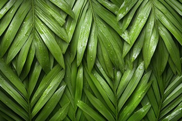 Fototapeta premium Lush green palm leaves showcasing texture and moisture in a tropical setting after rainfall