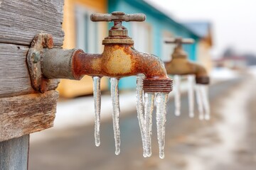 Frozen water faucet with icicles hanging in a rural area during winter season