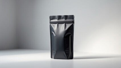 Black plastic vacuum-sealed coffee pouch isolated on white background with packaging mockup collection