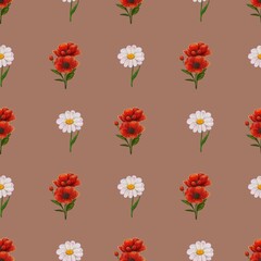 Fototapeta premium A seamless pattern featuring vibrant red flowers and white daisies on a warm brown background. The design is cheerful and suitable for fabric, wallpaper, or stationery.