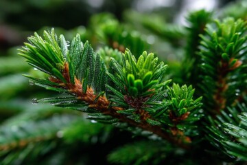 Fresh green pine needles glistening with raindrops in a lush forest setting during early morning light