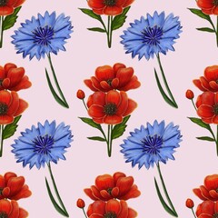 A seamless floral pattern featuring vibrant red poppies and blue cornflowers against a soft pink background. The design is symmetrical and colorful, ideal for fabric or wallpaper.