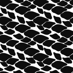 A seamless pattern featuring abstract black shapes on a white background, resembling pebbles or stones. The design is modern and minimalist, suitable for various applications.