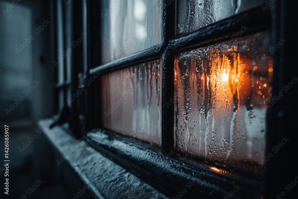 Aufkleber Raindrops on a foggy window with warm light glowing in the background during a rainy evening