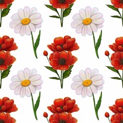 A seamless floral pattern featuring red poppies and white daisies with green leaves on a white background.