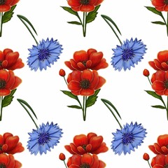 A seamless floral pattern featuring vibrant red poppies and blue cornflowers on a white background. The design showcases the beauty of nature with detailed illustrations of the flowers.