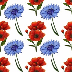 A seamless floral pattern featuring vibrant red poppies and blue cornflowers on a white background. The design showcases a harmonious arrangement of flowers, ideal for textiles or wallpaper.