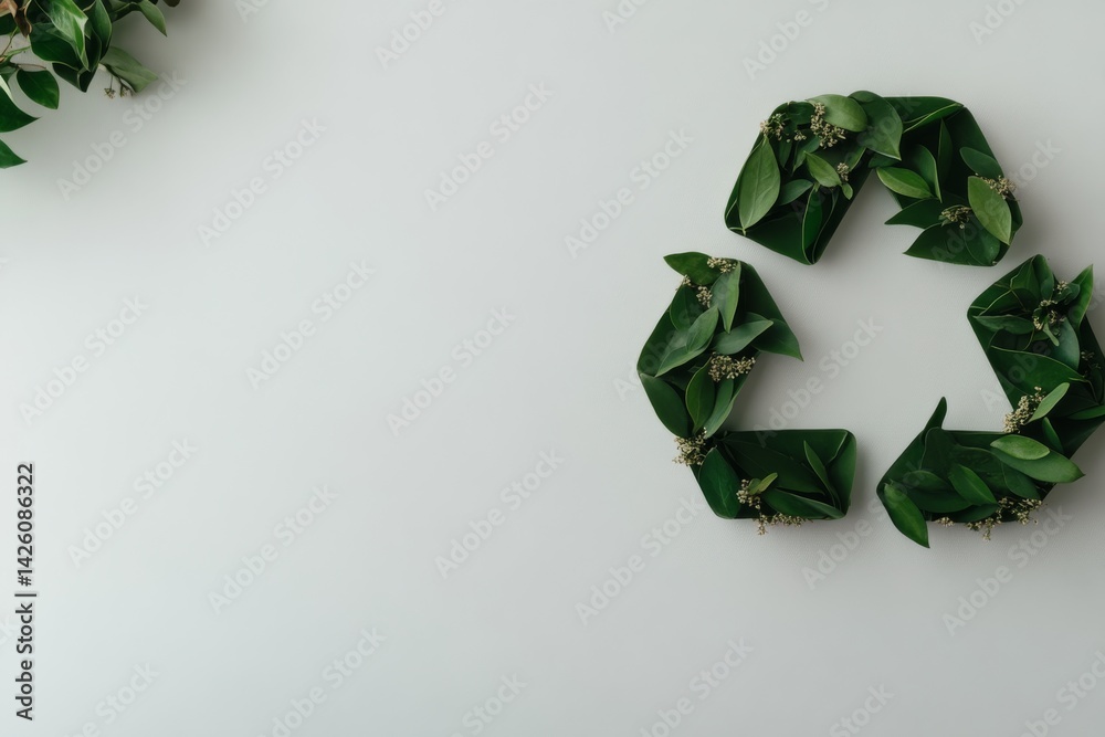Poster a vibrant green recycling symbol composed of leaves and small flowers is centered on a clean white b