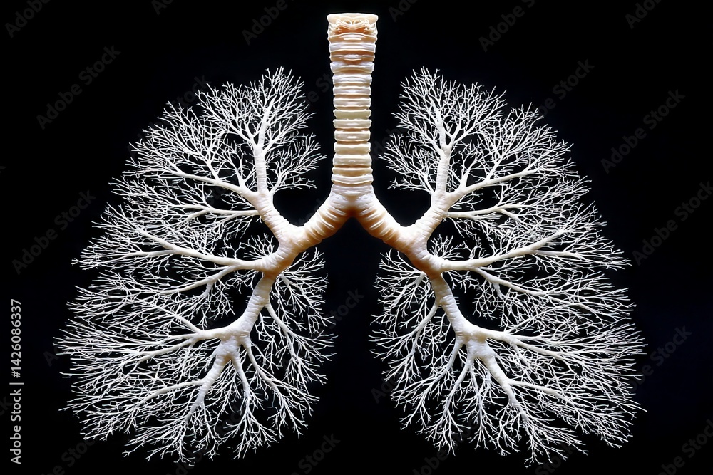 Poster intricate structure of human lungs showcasing detailed bronchial tree in a striking black background