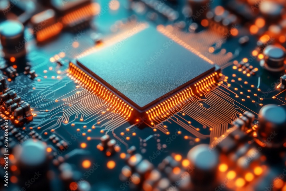 Aufkleber Close-up of a computer chip with glowing circuits and intricate details at a technology lab in the evening