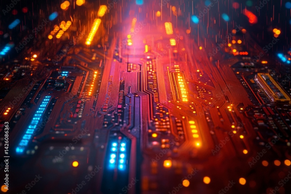Poster colorful glowing circuit board with rain effect showcasing digital technology and innovation in a da