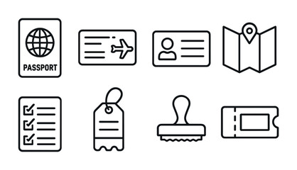 Travel essentials icon set: passport, ticket, id card, map, checklist, luggage tag, stamp