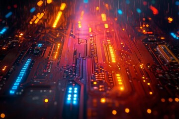Colorful glowing circuit board with rain effect showcasing digital technology and innovation in a dark environment